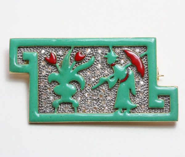 Art Deco Georges Fouquet Jade Green Enamel, Diamond and Platinum Chinese Style Asymmetrical Plaque Brooch; Signed: Georges Fouquet. France, Circa 1920