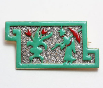 Art Deco Georges Fouquet Jade Green Enamel, Diamond and Platinum Chinese Style Asymmetrical Plaque Brooch; Signed: Georges Fouquet. France, Circa 1920