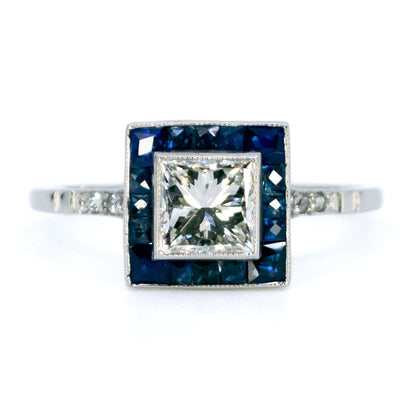 Platinum, Princess Cut Diamond and Sapphire Square Cluster Ring, 0.78 Carat