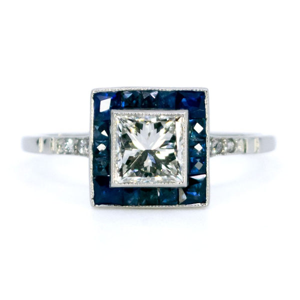 Vintage Diamond And Sapphire Square Shape Ring In Platinum