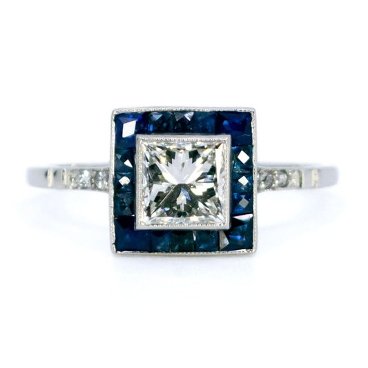 Vintage Diamond And Sapphire Square Shape Ring In Platinum