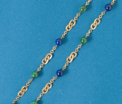 Vintage Georges Lenfant Lapis Lazuli, Zoisite and 18ct Gold Long Chain; intertwined textured gold links with large lapis and zoisite balls, Signed, c.1970
