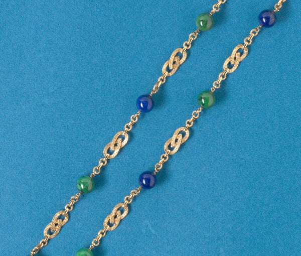 Vintage Georges Lenfant Lapis Lazuli, Zoisite and 18ct Gold Long Chain; intertwined textured gold links with large lapis and zoisite balls, Signed, c.1970