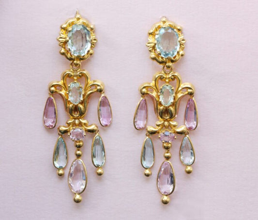 Antique Georgian Aquamarine and Pink Topaz Chandelier Drop Earrings; girandole day and night earrings, repoussé 18ct gold floral decoration, 1819-1838.