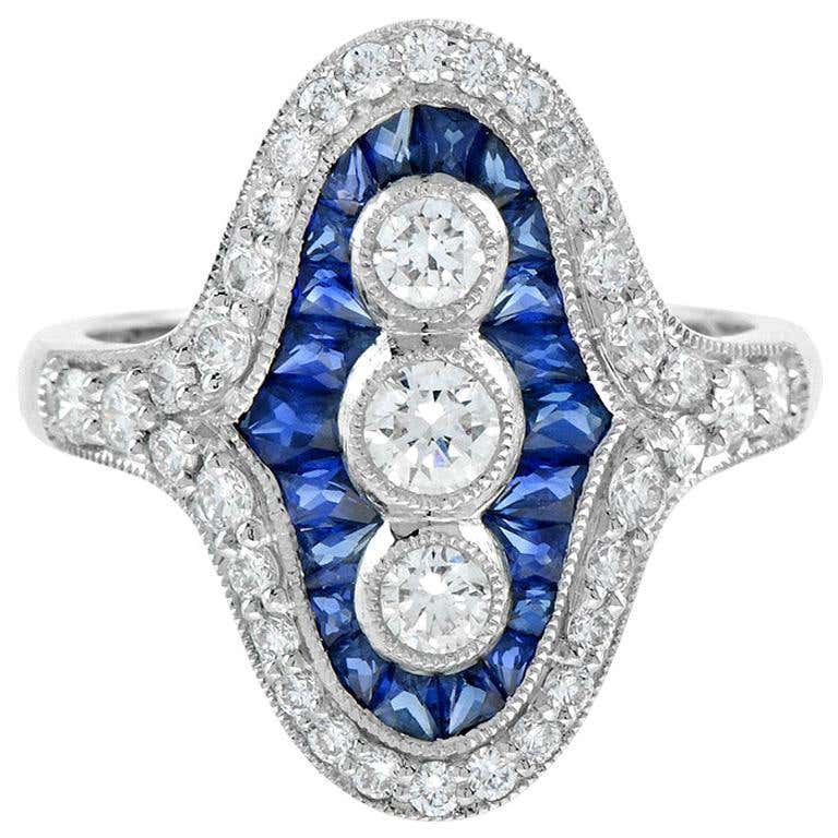Art Deco Style Sapphire and Diamond Cocktail Dress Ring in Platinum