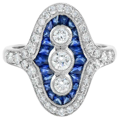 Art Deco Style Sapphire and Diamond Cocktail Dress Ring in Platinum