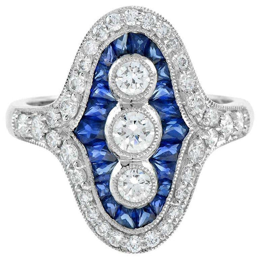 Art Deco Style Sapphire and Diamond Cocktail Dress Ring in Platinum