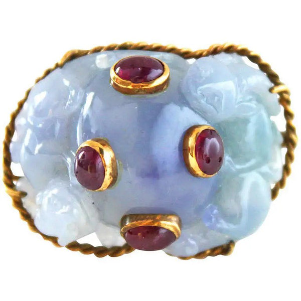 Unusual Vintage Carved Lavender Jadeite Jade Brooch with Rubies, Circa 1940s