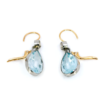 A pair of pear cut aquamarine and rose cut diamond drop earrings