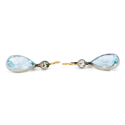 A pair of pear cut aquamarine and rose cut diamond drop earrings