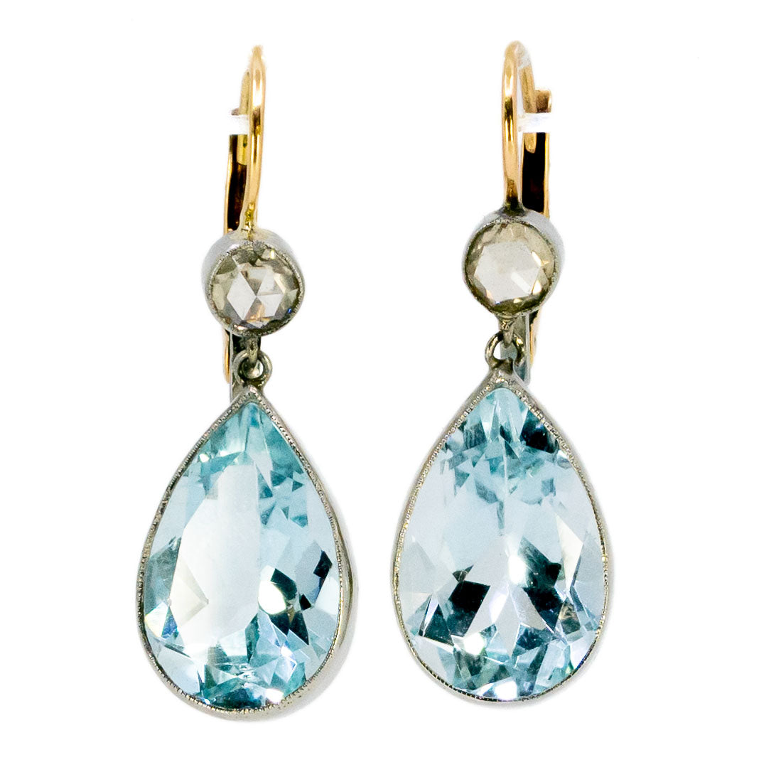 A pair of pear cut aquamarine and rose cut diamond drop earrings