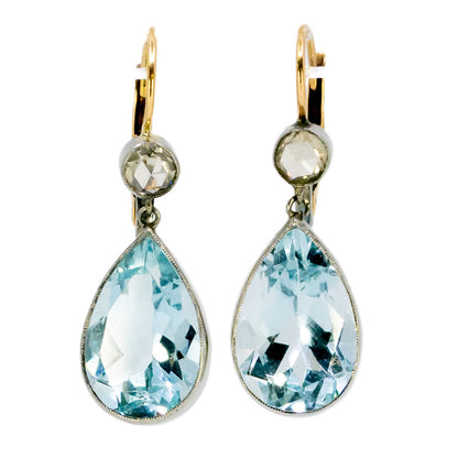A pair of pear cut aquamarine and rose cut diamond drop earrings