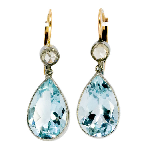 A pair of pear cut aquamarine and rose cut diamond drop earrings