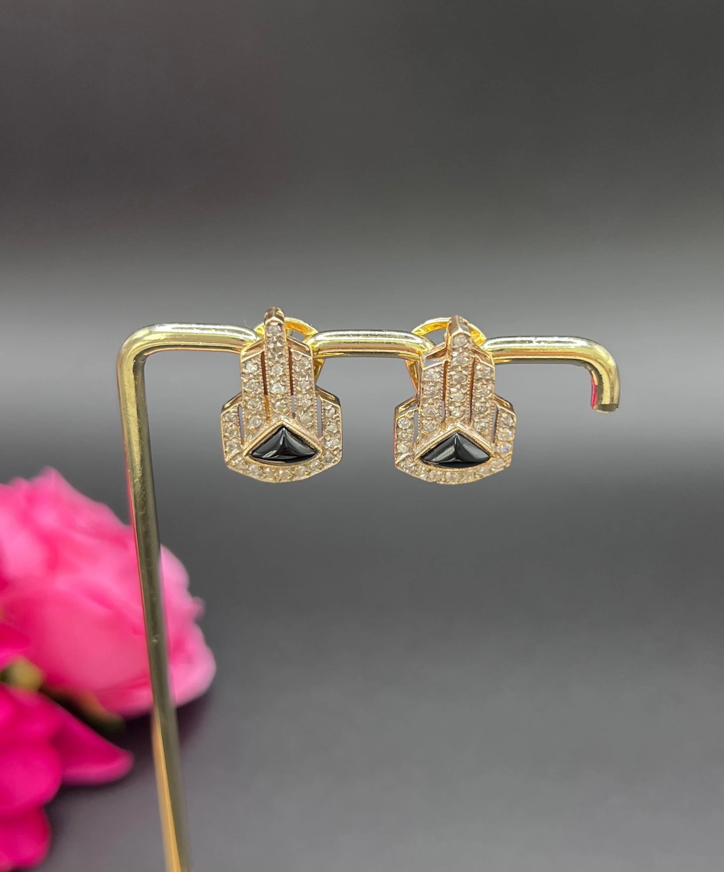 Vintage 14 ct Gold, Italian 1940's Art Deco Design, Diamond And Onyx Earrings
