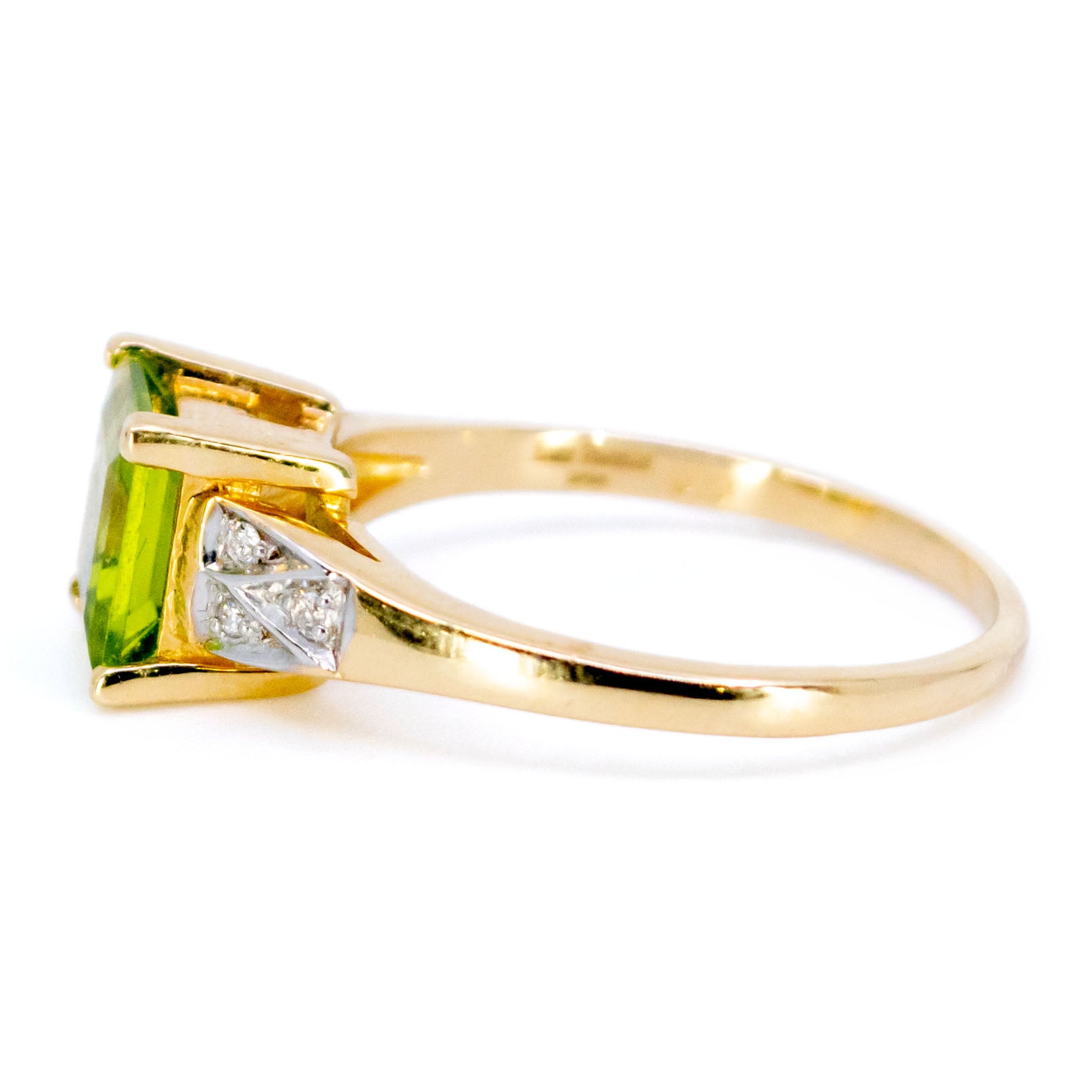 Modern 14 Carat Yellow and White Gold Peridot and Diamond Ring, 1.30 Carats
