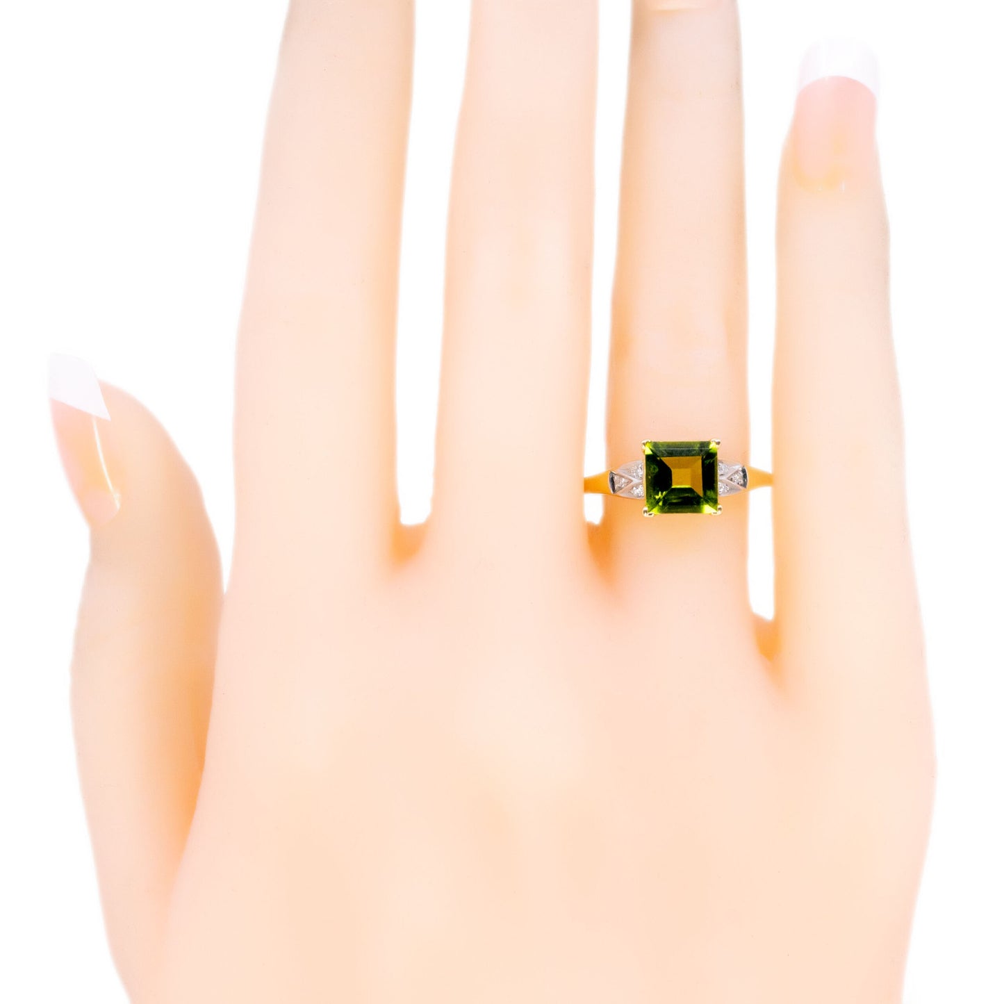 Modern 14 Carat Yellow and White Gold Peridot and Diamond Ring, 1.30 Carats