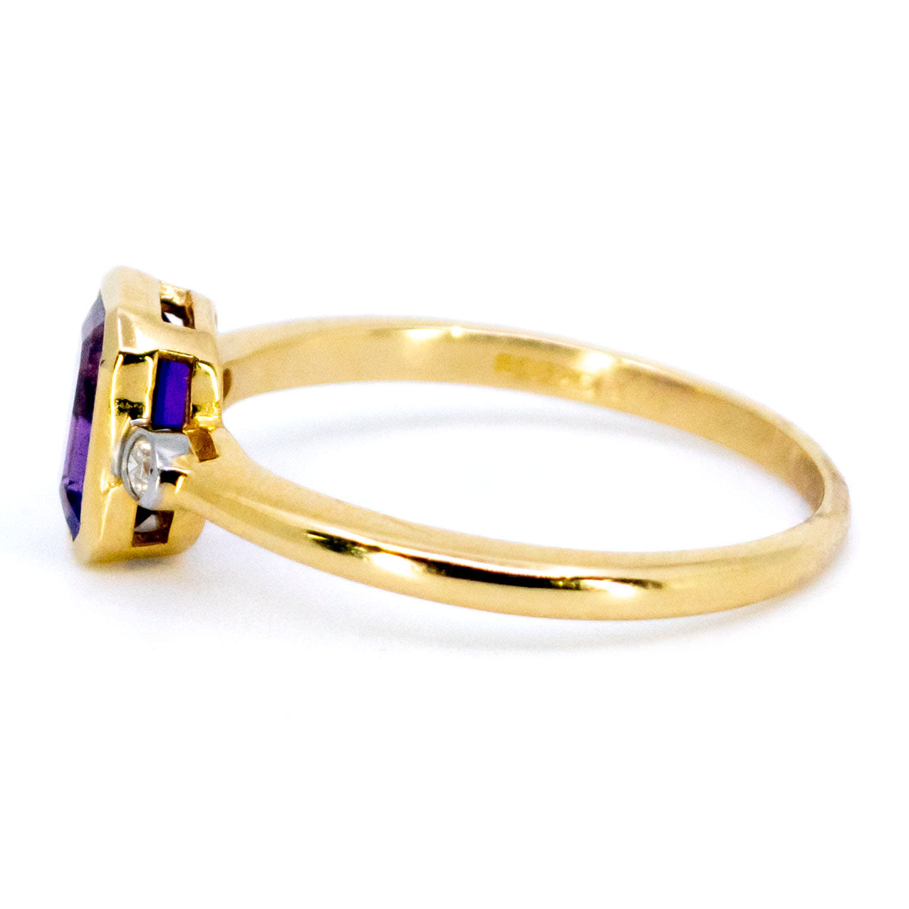 Modern 14 Carat Gold Amethyst and Diamond Three Stone Ring, 0.80 Carat