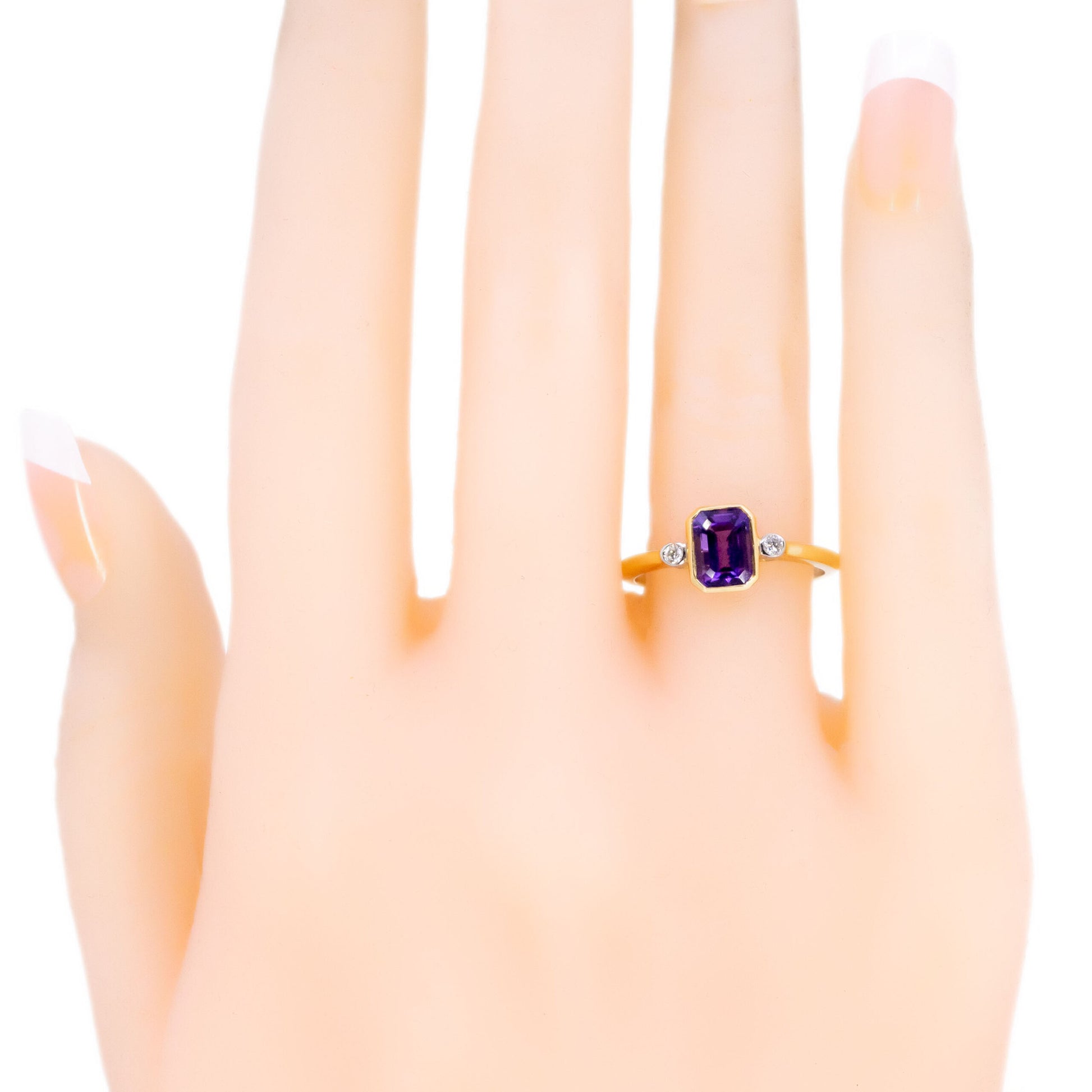 Modern 14 Carat Gold Amethyst and Diamond Three Stone Ring, 0.80 Carat
