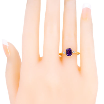 Modern 14 Carat Gold Amethyst and Diamond Three Stone Ring, 0.80 Carat
