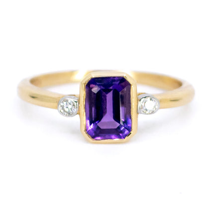 Modern 14 Carat Gold Amethyst and Diamond Three Stone Ring, 0.80 Carat