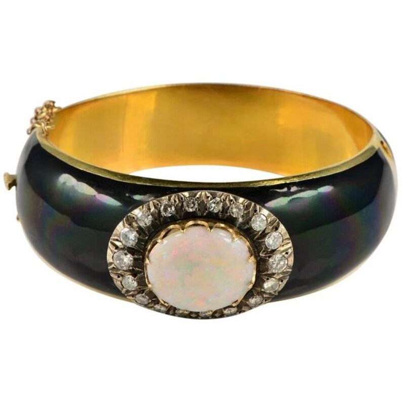Antique Victorian 7ct Natural Harlequin Opal Diamond Enamel Gold Bangle Bracelet