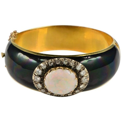 Antique Victorian 7ct Natural Harlequin Opal Diamond Enamel Gold Bangle Bracelet
