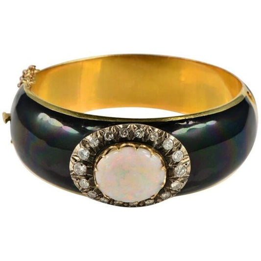 Antique Victorian 7ct Natural Harlequin Opal Diamond Enamel Gold Bangle Bracelet