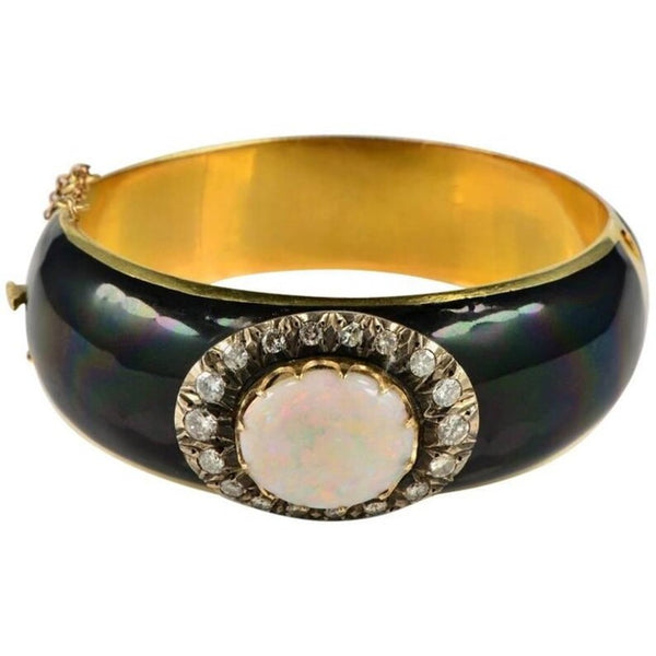 Antique Victorian 7ct Natural Harlequin Opal Diamond Enamel Gold Bangle Bracelet