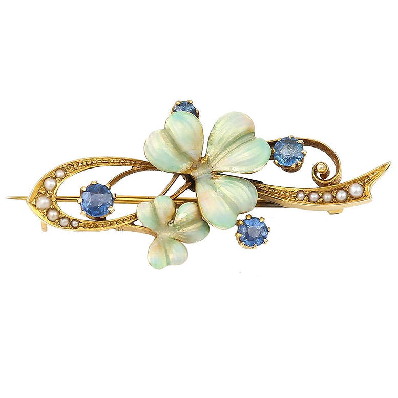 Art Nouveau Sapphire Pearl and Enamel Flower Brooch
