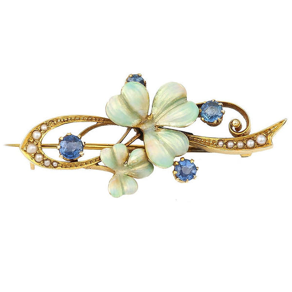 Art Nouveau Sapphire Pearl and Enamel Flower Brooch