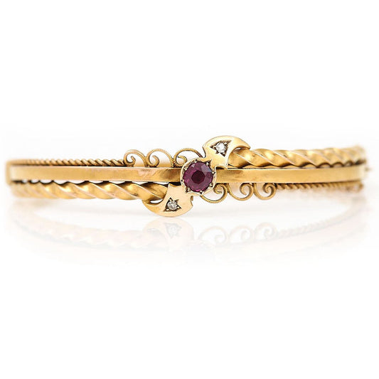 Antique Edwardian Ruby Diamond 15ct Gold Bangle Bracelet
