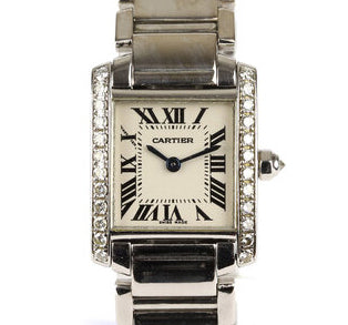 Cartier Tank Francaise 18ct Gold and Diamond 20mm Ladies Quartz Watch, Ref 2403, white dial, Roman numerals, blue steel hands, factory set diamond set crown and bezel, Cartier 18ct white gold bracelet with a hidden double deployment clasp.