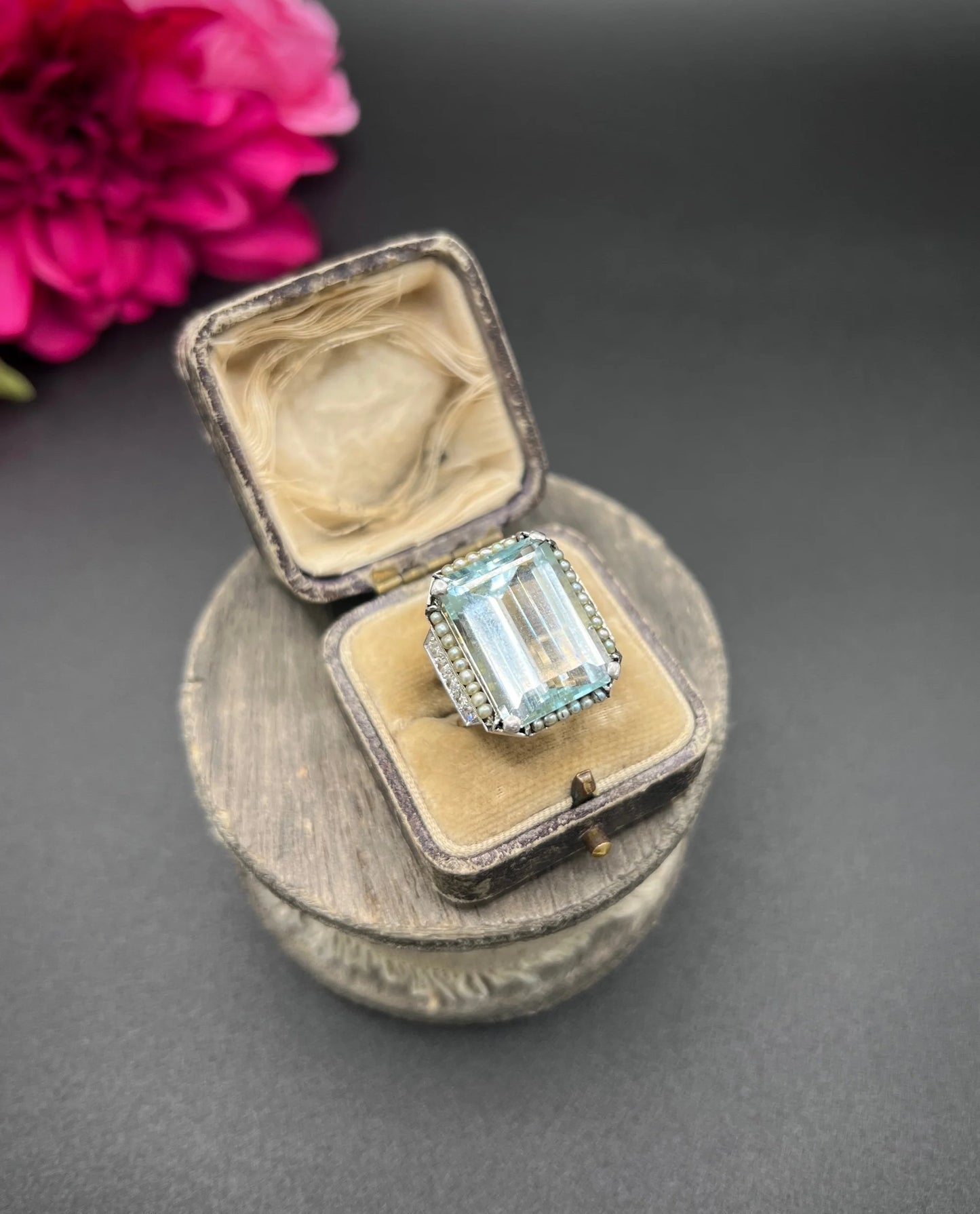 An aquamarine, pearl and diamond large cocktail ring in yellow gold and platinum, in a ring box