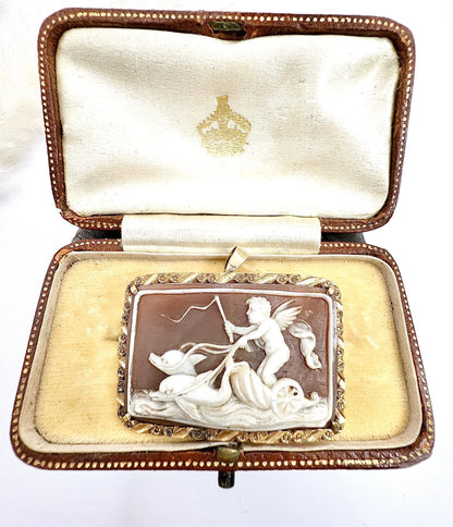 Victorian 18 Carat Gold Cherub, Eros and Dolphin Chariot Shell Cameo Pendant/Brooch