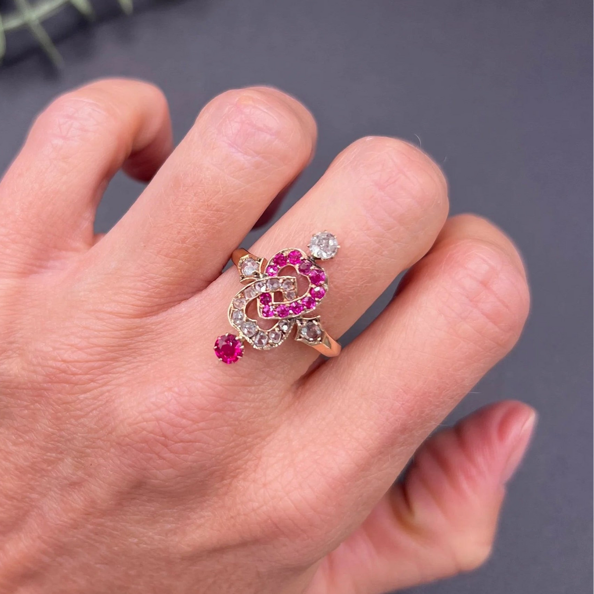 Victorian Antique Ruby and Diamond Double Heart Ring in 15ct Rose Gold