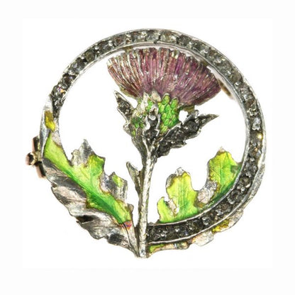 Victorian / Art Nouveau Enamel Thistle Brooch with Rose Cut Diamonds