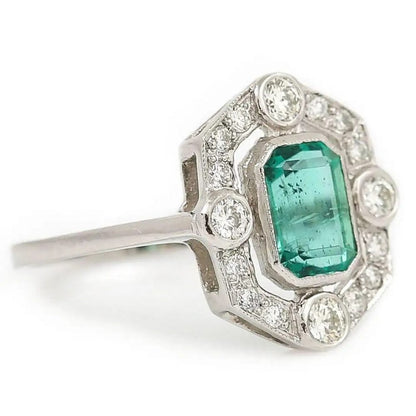 Art Deco Style 1ct Emerald and Diamond Halo Cluster Dress Ring in Platinum