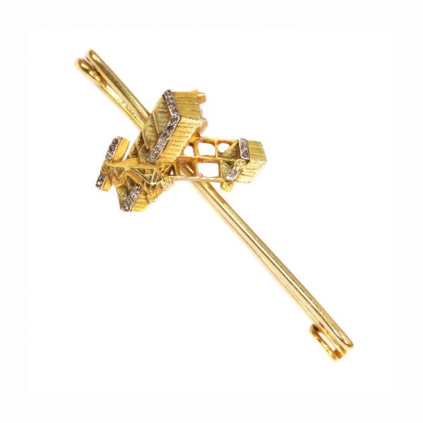Unique Engraved Diamond and 18ct Yellow Gold Aviation Brooch, c.1908