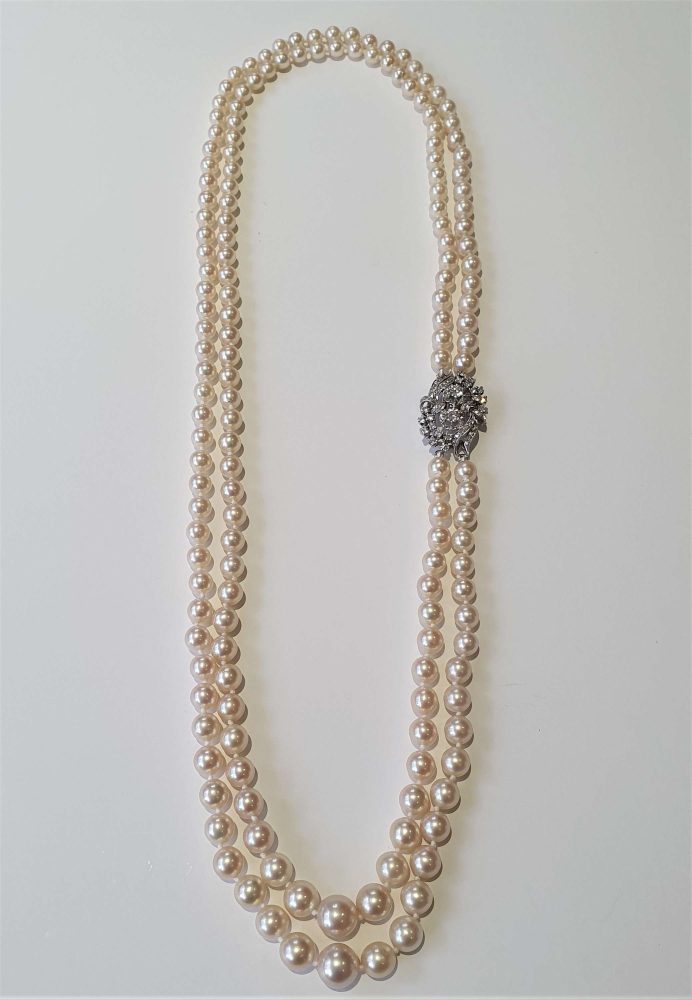 Vintage 1950s Double Row Akoya Pearl Necklace with Diamond Clasp, 1.75 carats