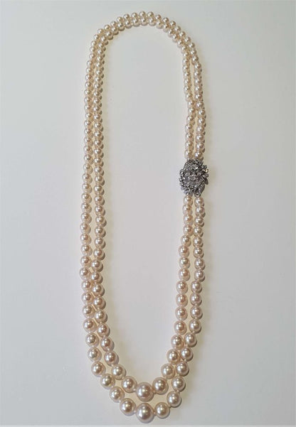 Vintage 1950s Double Row Akoya Pearl Necklace with Diamond Clasp, 1.75 carats