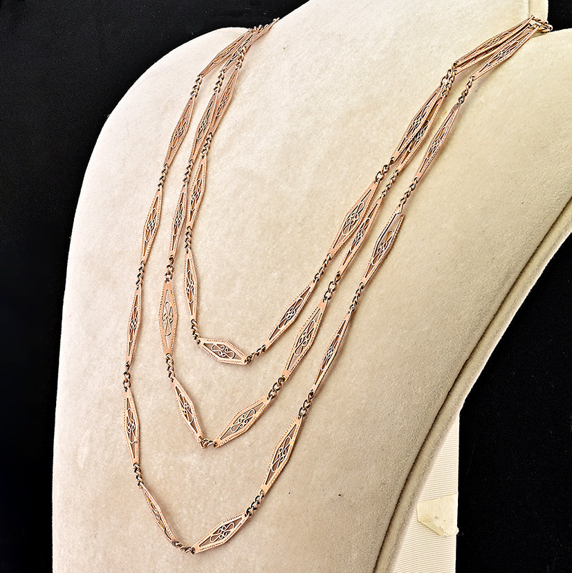Antique Art Nouveau Filigree Lozenge 9ct Rose Gold Long Chain Necklace