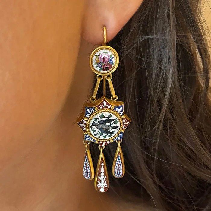 Antique 19th Century Italian Micromosaic and Gold Drop Earrings