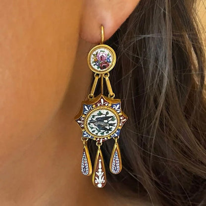 Antique 19th Century Italian Micromosaic and Gold Drop Earrings