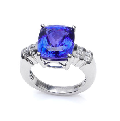 9.50ct Cushion Cut Tanzanite and Baguette Diamond Ring in Platinum