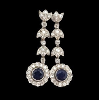 Art Deco 1.70ct Sapphire and Diamond Floral Cluster Drop Earrings in Platinum