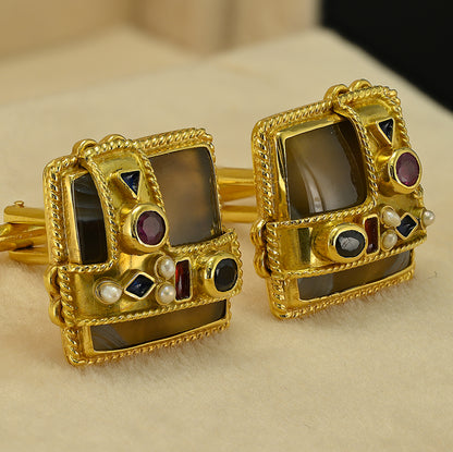 Vintage Percossi Papi Agate Multi Gemstone 18ct Yellow Gold Cufflinks
