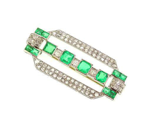 Antique Art Deco Columbian Emerald and Diamond Plaque Brooch
