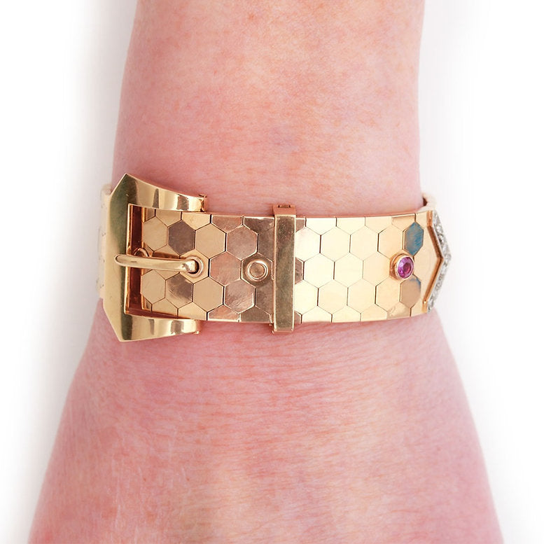 Vintage 18ct Gold Buckle Bracelet with Pink Sapphire and Diamonds