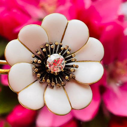 Antique Edwardian 0.40ct Old European Cut Diamond, White Enamel and Gold Flower Brooch