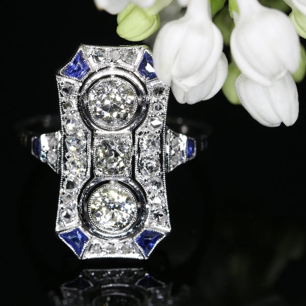 Art Deco Diamond Two Stone Plaque Ring with Sapphire